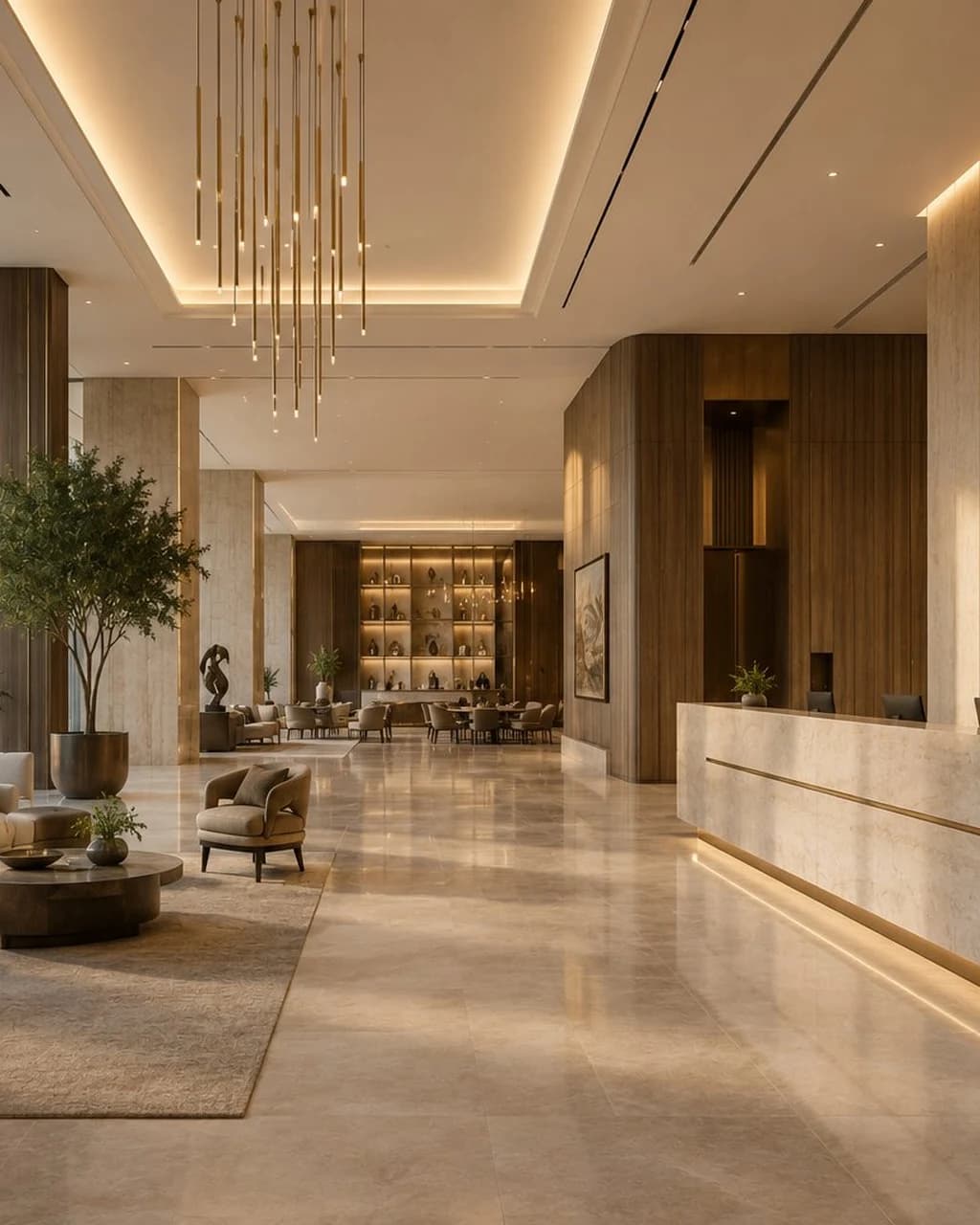 Luxury hotel suite with uninterrupted architectural surfaces and no visible audio equipment