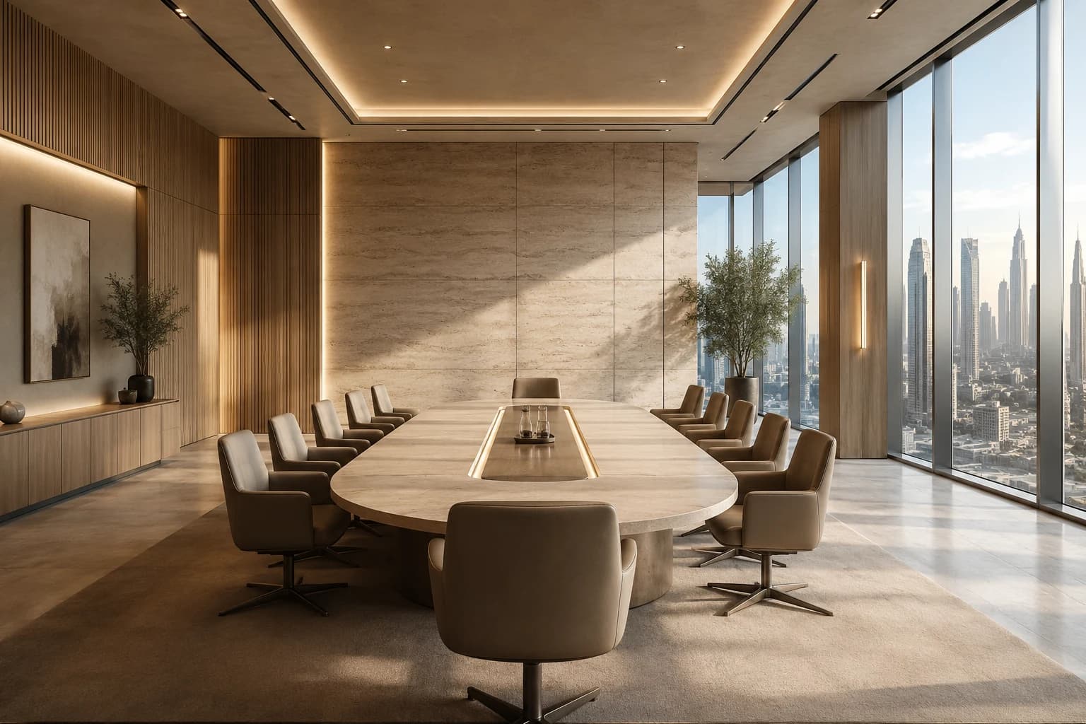 Premium corporate boardroom with international city view
