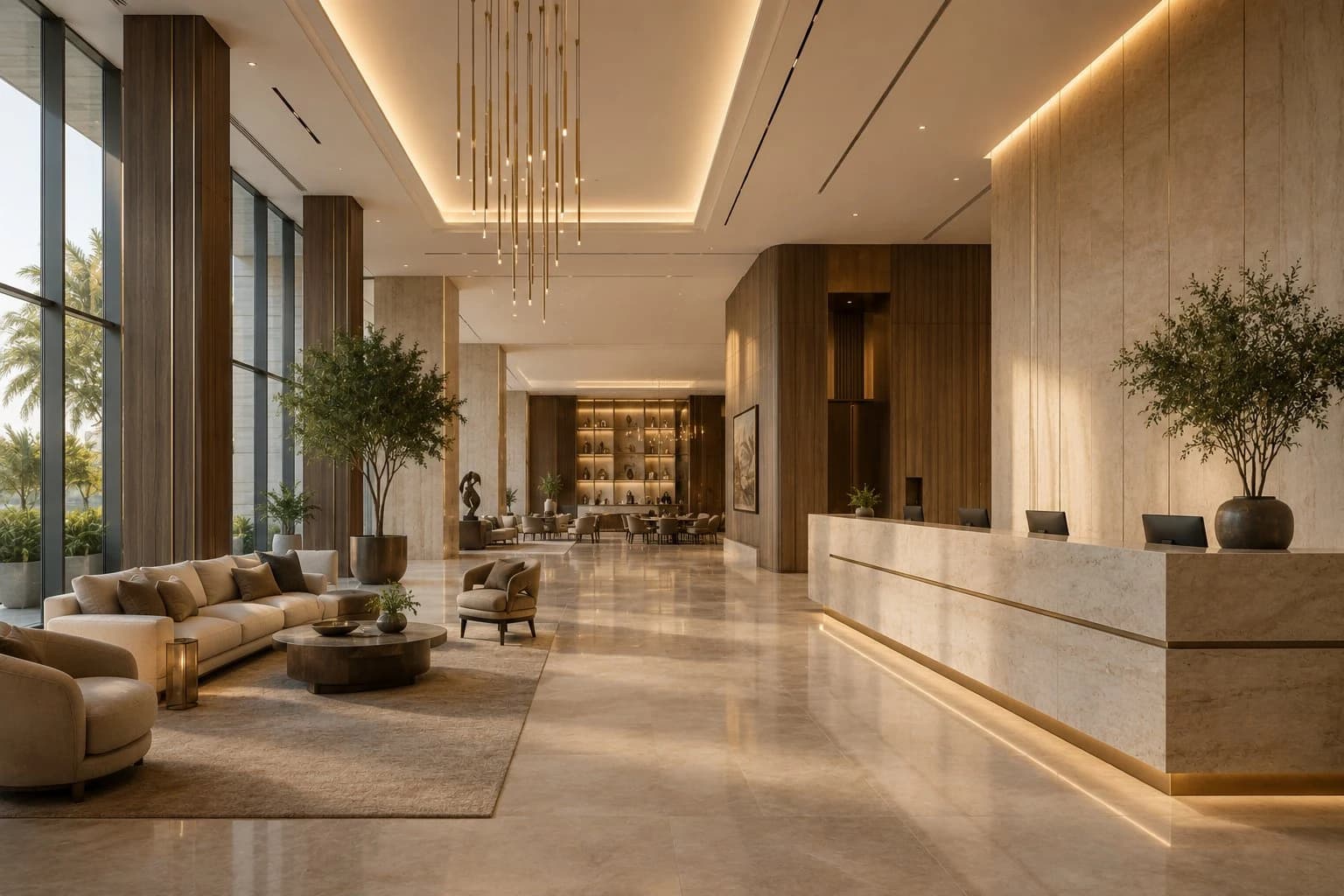 Luxury hotel guest suite with uninterrupted architectural surfaces and no visible audio equipment