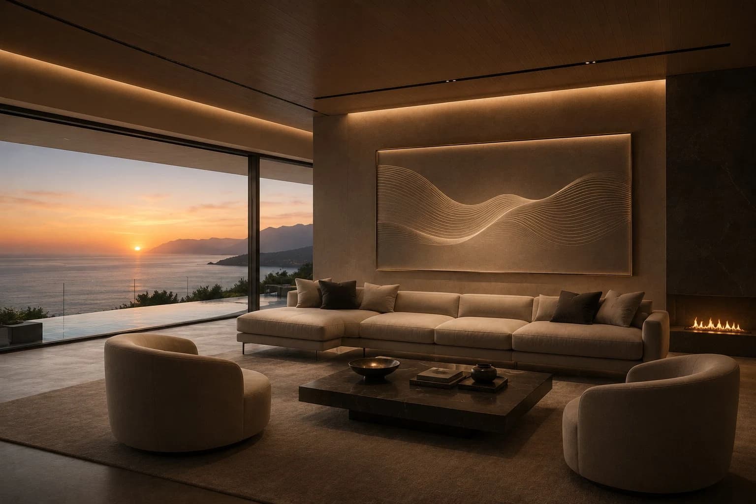 Luxury villa with illuminated wave surface — architecture first, technology second