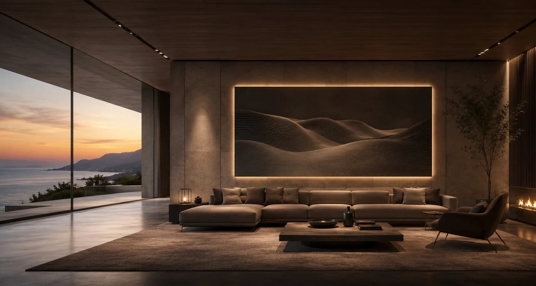 Luxury villa with illuminated surface wall — premium residential architectural interior